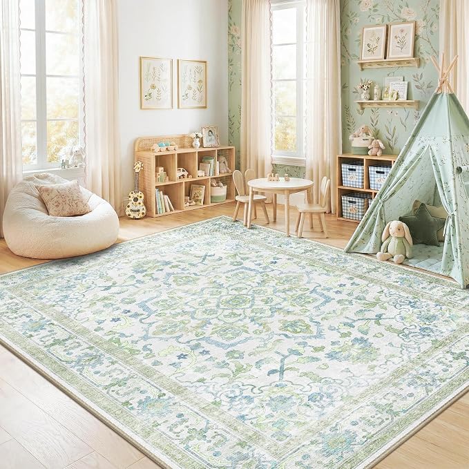 CAPALOCA Machine Washable Rugs Nursery Rug 9x12 Cute Girl Non Slip Low Pile Water Repellent Soft Print Pattern for Bedroom Indoor Decor Kids Playroom Green Blue