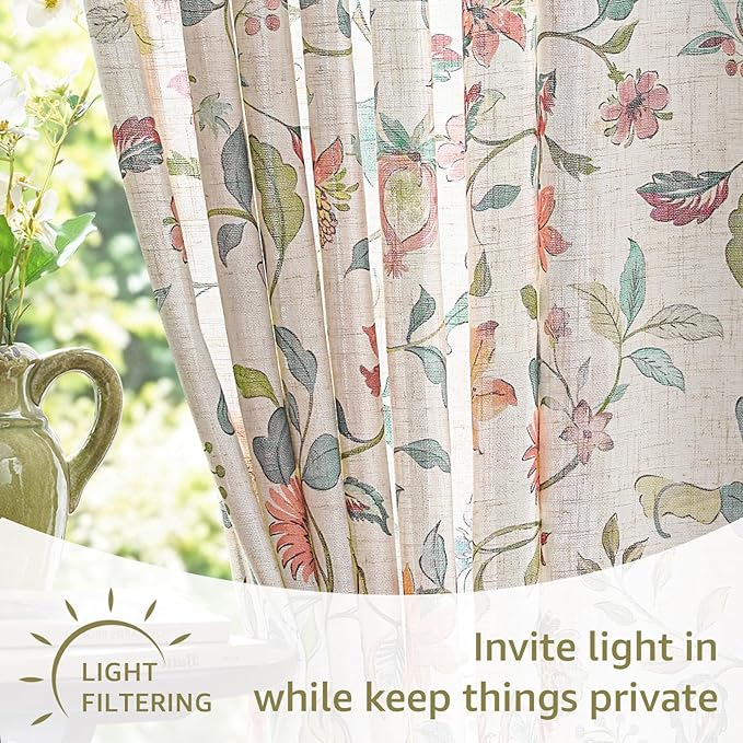 jinchan Hattie Floral Linen Kitchen Curtains 36 Inch Length Vintage Cottage Core Farmhouse Cafe Curtains Light Filtering Small Window Drapes for Living Room Bathroom Rod Pocket 2 Panels Beige