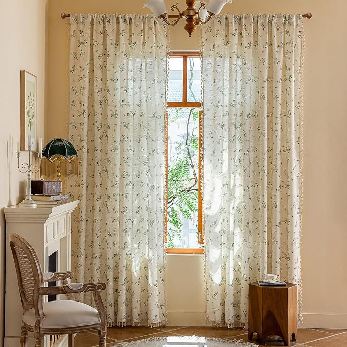 OYX Boho Floral Spring Semi Sheer Curtains 63 Inch Length 2 Panels, Linen Texture Farmhouse Light Filtering Curtains Beige Tassel for Bedroom Living Room Vintage Rustic Patterned Printed Rod Pocket