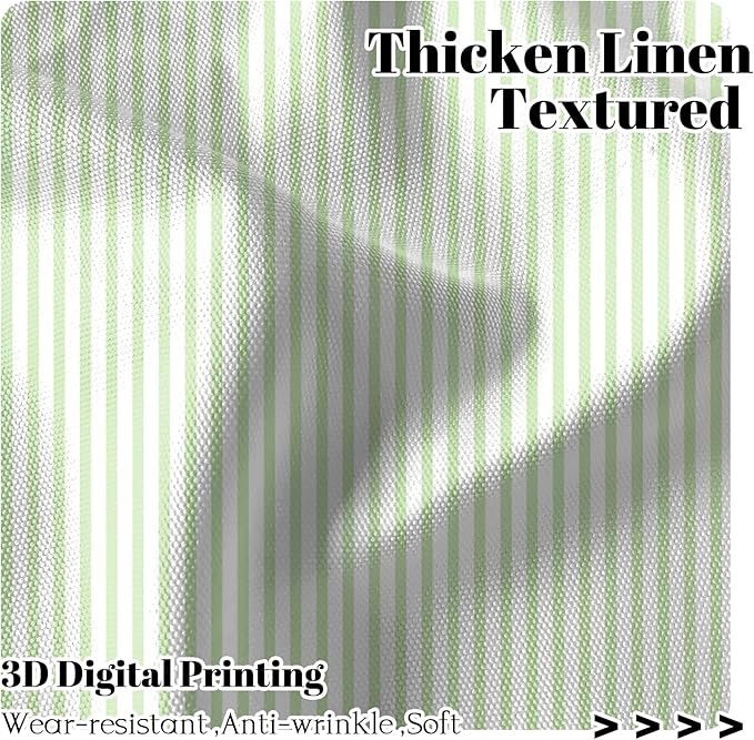 Renaiss 52 x 63 Inch Green Striped Kitchen Curtains Tier Linen Texture Ticking Stripe Short Curtain for Living Room Bathroom Cafe Small Window Farmhouse Rustic Pinstripe Rod Pocket Drapes 2 Panels