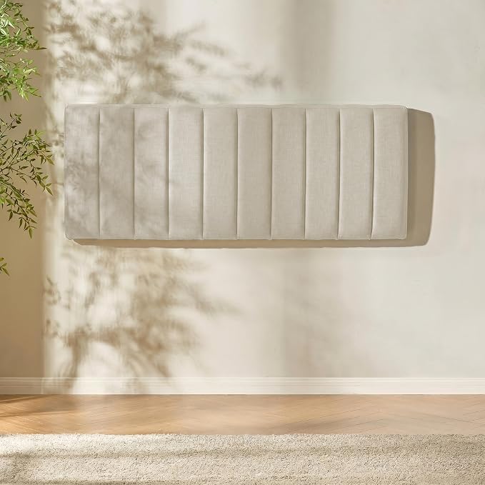 Hearth & Harbor Upholstered Full Headboard - Easy Assemble Channel Stitched Headboard Full Size - Wall Mounted Headboards with 3D Soundproof Wall Panels Peel & Stick Floating Headboards, Linen