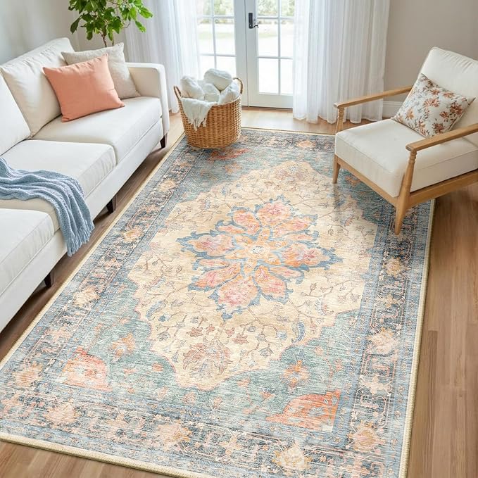 RELEANY Area Rugs 5'x8' Washable Non-Slip, Floral Vintage Distress Medallion Carpet for Living Room Bedroom Dining Room, Blue Orange Red