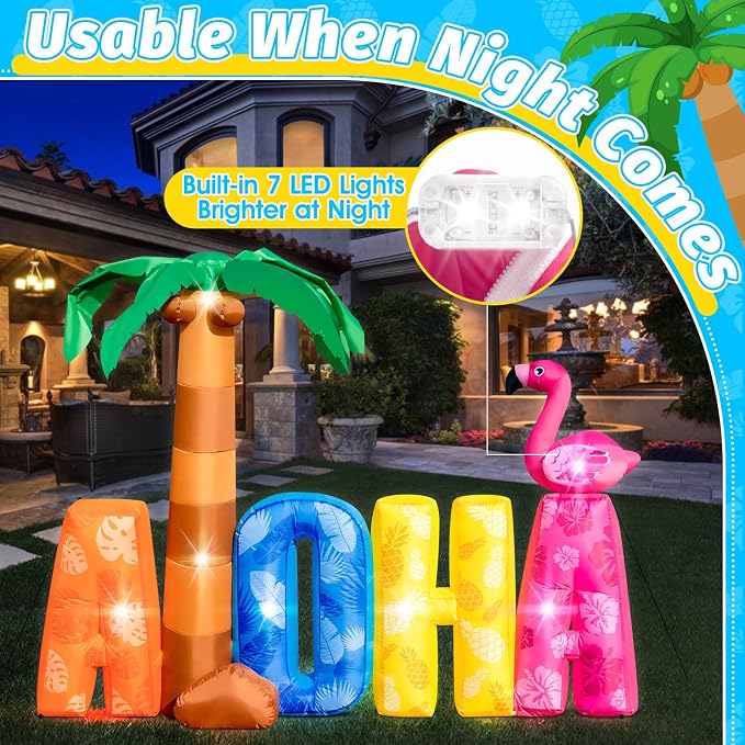 7FT Inflatable Aloha with Palm Tree Flamingo for Luau Party Decorations, Blow Up Aloha Sign Built-in 7 LED Lights for Summer Outdoor Decor, Hawaiian Beach Pool Yard Garden Birthday Photo Backdrop