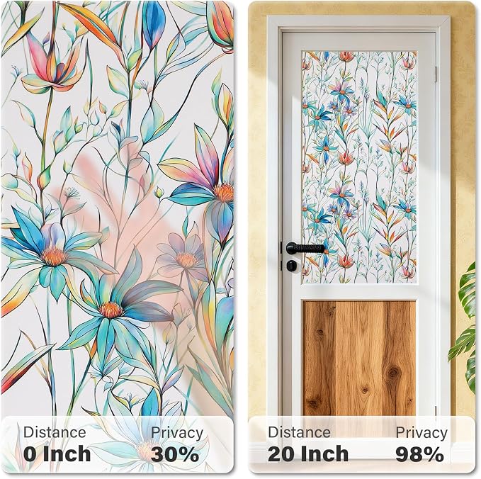 Donox Window Privacy Film, Frosted Stained Glass Window Films, Static Cling Non-Adhesive Decorative Windows Sticker for Front Door Bathroom, Heat Control Anti UV(Blue Lotus,23.6 x 157.4 inches)