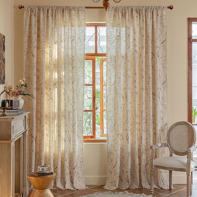 OYX Boho Curtains 63 Inches Long, Beige Semi Sheer Farmhouse Drapes with Floral & Garden Birds, Vintage Rod Pocket Window Curtain Set of 2 Panels for Kitchen Bedroom