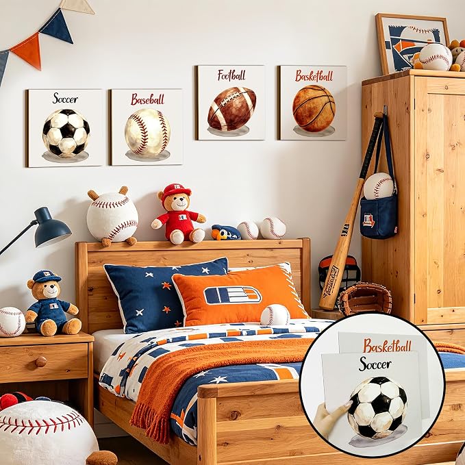 Sports Wall Decor for Boys Wooden Ball Wall Plaques Soccer Baseball Basketball Football Sport Theme Room Decorations Wood Balls Sign Sports Artwork for Kids Room Toddler Teens Bedroom Decor