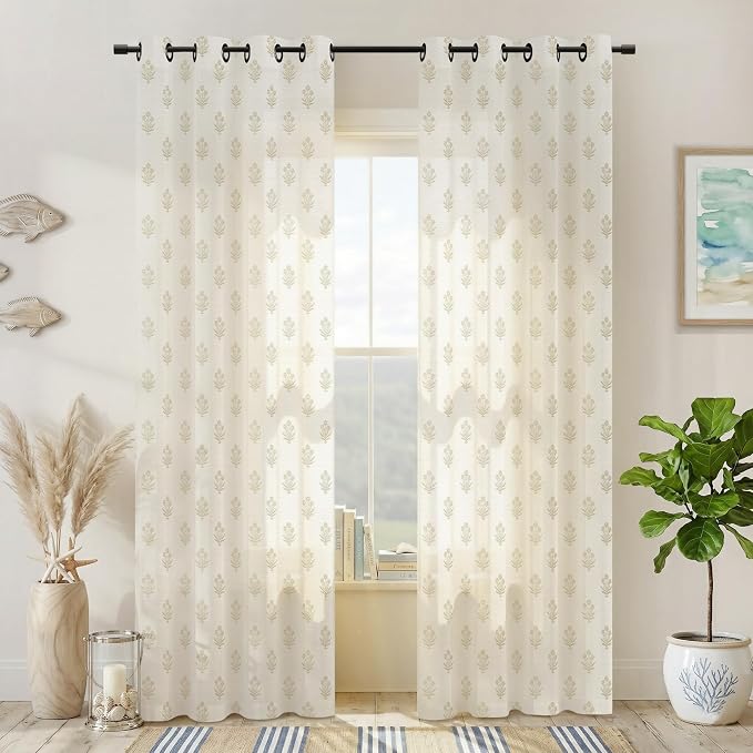 Neutral Floral Pattern Farmhouse Linen Curtains for Living Room, 96 Inch Long 2 Panel Set Floor to Ceiling Curtains Sheer for Bedroom, 8FT 8 FT Length