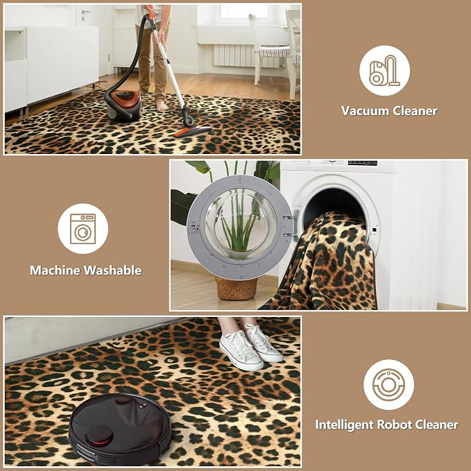 DweIke Leopard Rugs for Living Room, 8x10 Cheetah Print Rug for Bedroom Decor, Washable Non-Slip Stain Resistant Faux Animal Throw Carpet for Dining Room Office Western Home, Dark Brown