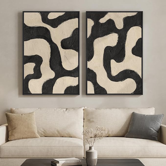 Framed Abstract Beige Black Wall Art for Living Room, Large Neutral Modern Canvas Artwork for Walls, Set of 2 Mid Century Elegant Picture Print for Bedroom Home Office Hallway Wall Decor, 24x36 Inch