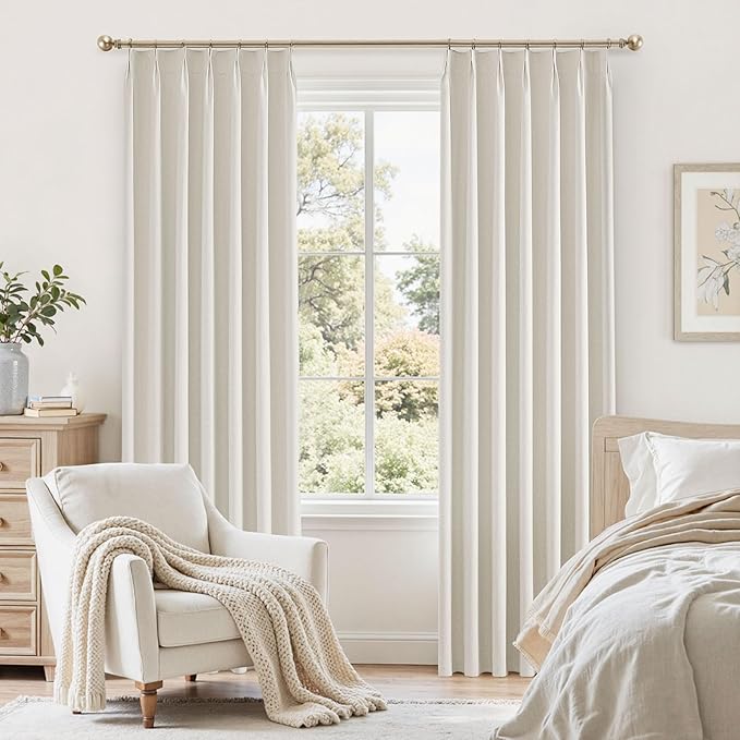 Blackout Curtains 54 Inch Long for Living Room Bedroom, Linen Drapes Ivory Pinch Pleat Room Darkening Thermal Insulated Noise Reducing Black Out Curtain 2 Panels Set with Back Tab