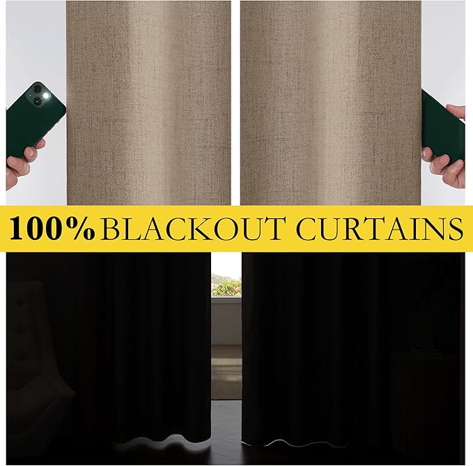 NICETOWN 100% Blackout Burlap Linen Curtains 90 inches Length with Thermal Insulated Liners for Bedroom, 2 Panels, 52" W, Room Cooling Noise Reducing Window Treatment Drapes for Living Room