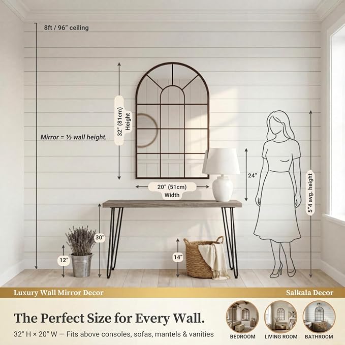 Brown Arched Windowpane Mirror 32x20 Inch, Bathroom Mirror Vanity Mirror for Wall, Boho Bedroom Decor, Vintage Hanging Mirror, Espejo de Pared