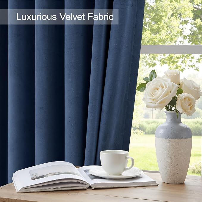 Navy Blue Velvet Curtains 90 Inches Long 2 Panels Luxury Decorative Window Treatment Drape Living Room Darkening Thermal Patio Sliding Glass Door Curtain for Bedroom Dark Blue Indigo Vintage 90 Length