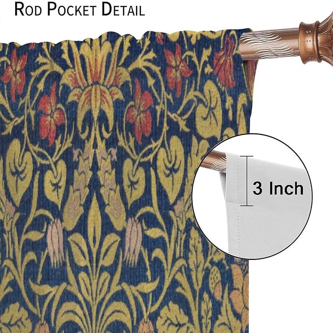 Retro Bohemian William Morris Plant Floral Blackout Window Curtains, Abstract Vintage Country Floral Leaf Pattern Print Window Drapes, for Bedroom Living Room 21(W)*45(L) 2 Panels