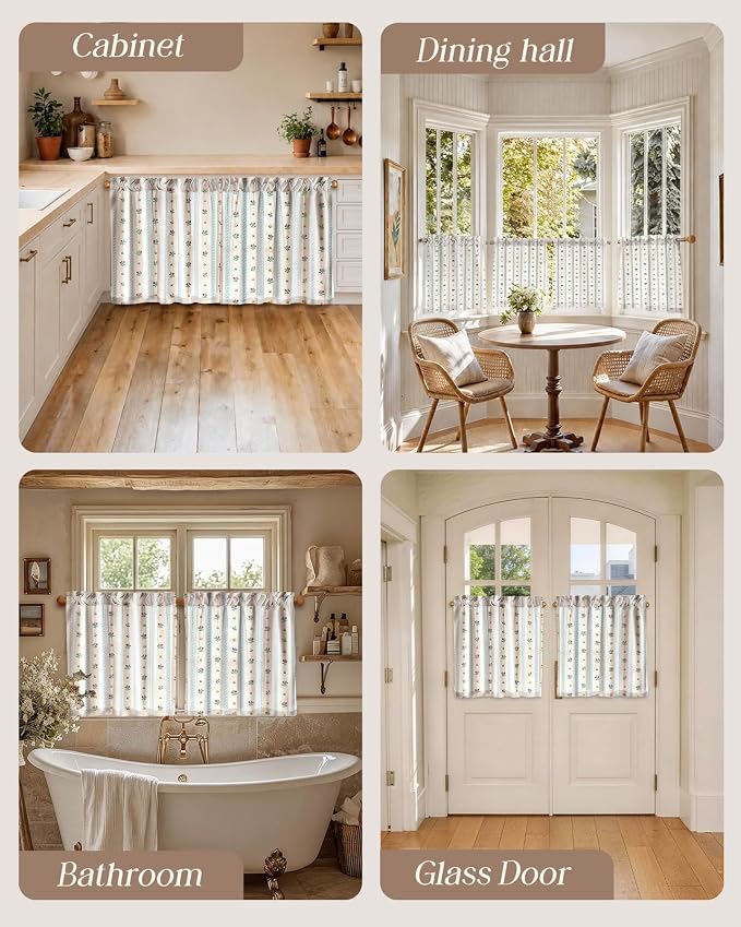 Miss Adola Farmhouse Kitchen Tier Curtains - 24 Inch Length Linen Blend Boho Cafe Curtains Blue Floral Small Window Treatments Over Sink Rod Pocket for Bathroom Living Room Light Filtering, 2 Panels
