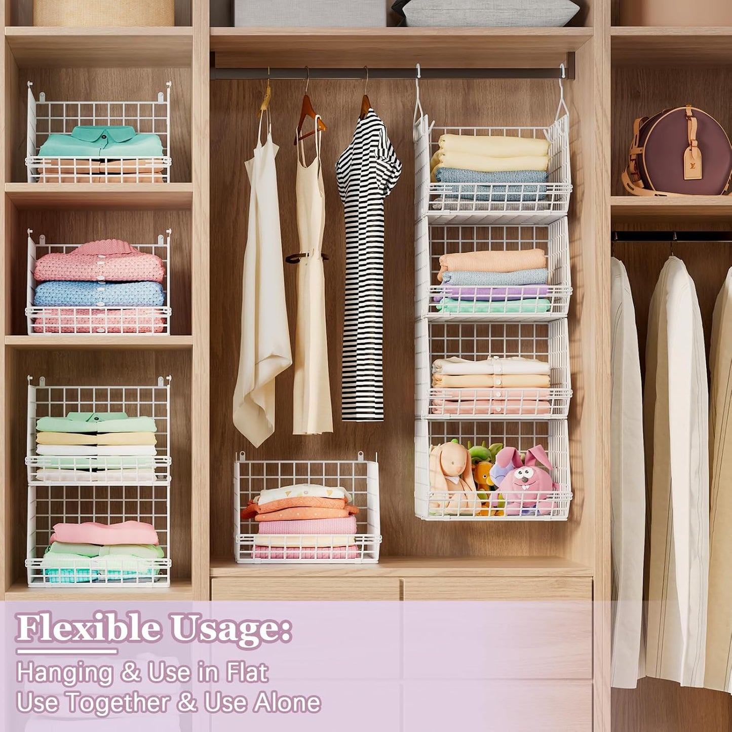 5 Tier Closet Hanging Organizer, Clothes Hanging Shelves with 4 Hanging Hooks 5 S Hooks, Wire Storage Basket Bins, for Clothing Sweaters Shoes Handbags Clutches Accessories Patent Design-White