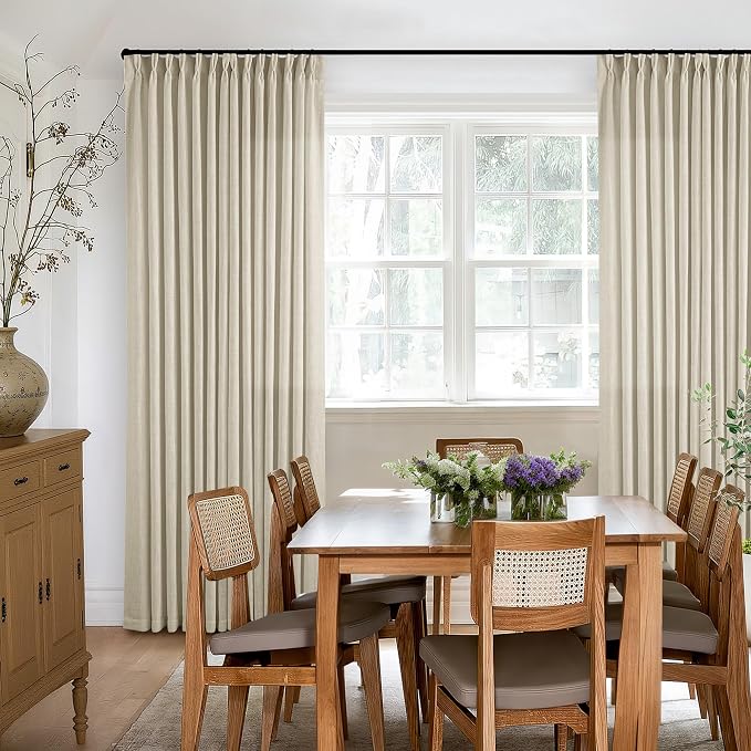 TWODRAPES Beige Linen Curtains 96 Inches Long Pinch Pleated 2 Panels Living Room Bedroom Memory Trained Semi Sheer Neutral Flax Pinch Pleat Drapes with Hooks Rings Light Filtering Window Curtain 40x96