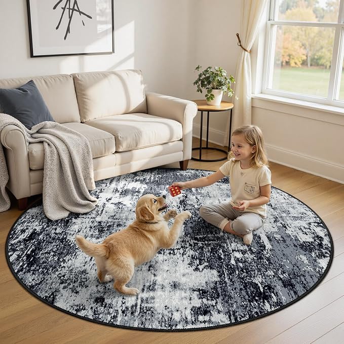 RELEANY Washable Area Rugs 8ft Non-Slip Modern Abstract Soft for Living Room Entryway Bedroom Kitchen, Print Pattern, Black Navy Blue Gray