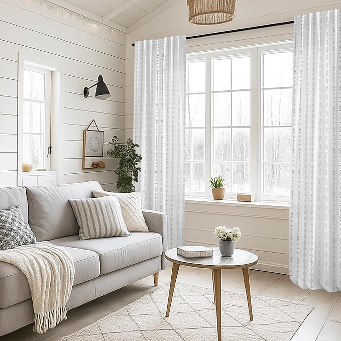 Grey Boho Curtains for Bedroom Living Room,Light Gray and White Sheer Linen Striped Curtains 84 Inches Long 2 Panels Set