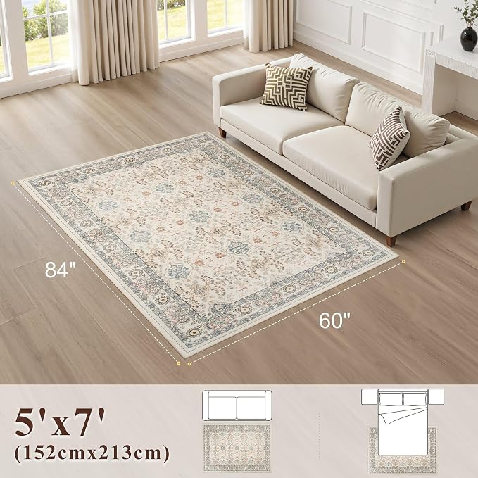 Vintage Living Room Area Rug 5x7 - Large Soft Washable Oriental Traditional Distressed Farmhouse Rugs for Bedroom - Indoor Floor Accent Carpet for Home Office House Decor - Multi