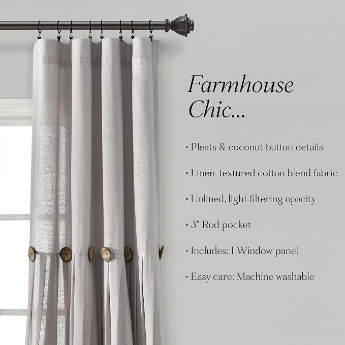 Lush Decor Linen Button Window Curtain Panel, Single, 40" W x 84" L, Grey - Country Curtains - Rustic Decor - Color Block Modern Farmhouse Curtains For Living Room, Bedroom & Dining Room