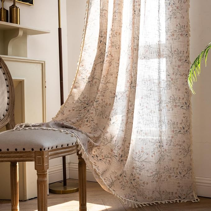 OYX Boho Floral Curtains 63 Inch, Farmhouse Wildflower Drapes with Tassels, Linen Textured Light Filtering Semi Sheer Curtains for Living Room Bedroom, 2 Panels, Rod Pocket, 52Wx63L