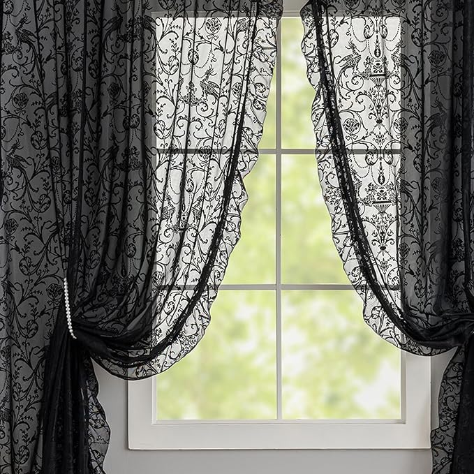 TUDECO Short Black Curtains 45 Inch Length - Gothic Lace Floral Black Kitchen Curtains for Small Window, Rod Pocket Semi-Sheer Light Filtering Goth Moody Spooky Home Decor, 59W x 45L Inch