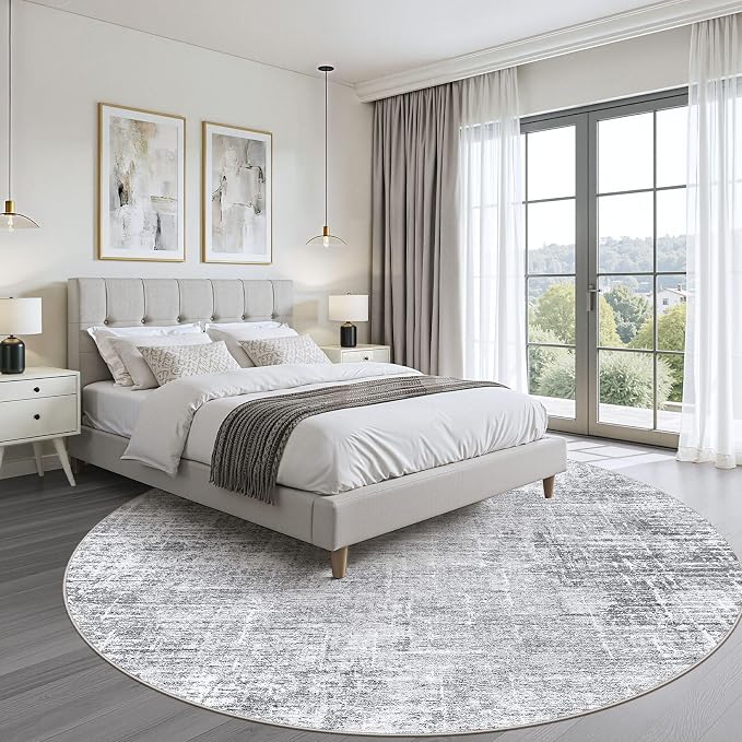 5ft Round Rug Living Room: 5x5 Washable Large Neutral Grey Circle Area Rug Abstract Soft Modern Stain Resistant Indoor Floor Non-Slip Carpet for Bedroom Nursery Kids Office Playroom Dining Room