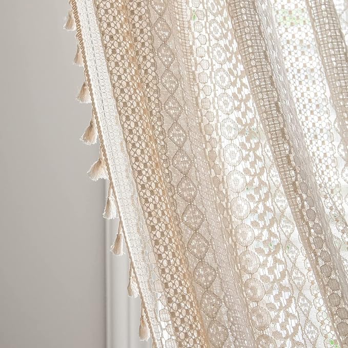 Sutuo Home Boho Sheer Curtain 108 Inches Long, Crochet Lace with Bohemian Hollow Knitted Handmade Tassels,Vintage Farmhouse Window Treatment for Bedroom, Rod Pocket, 1 Panel 59" W x 108" L, Beige