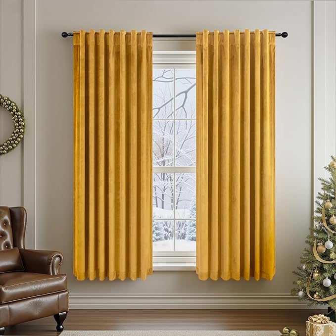 Halloween Warm Gold Velvet Curtains 72 Inch Length for Bedroom Living Room Darkening Drapes for Family Room Holiday Fete Back Loop Pocket Classic Privacy Panels for Summer Winter Mustard Yellow Golden