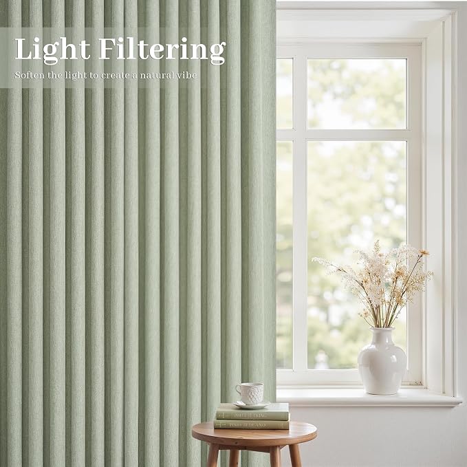 105 Inch Curtains 2 Panels Set,Two Packs Pinch Pleat Back Tab Linen Window Semi Sheer Privacy Thick Decorative Curtain Drapes for Living Room Bedroom,40x105 in Long,Sage Green