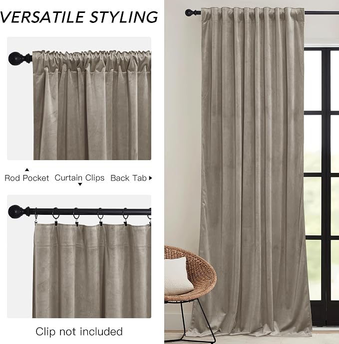 RYB HOME Taupe Velvet Curtains 102 inches with Hook Belt, Soft Fabric Room Darkening Thermal Insulated Luxurious Home Decor Curtains for Living Room Bedroom, W 52" x L 102", 2 Panels Set
