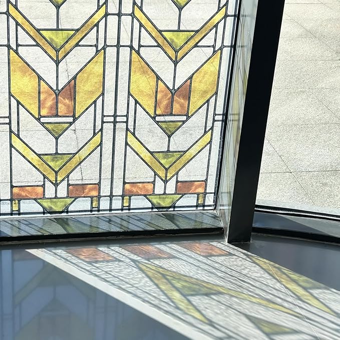Faux Stained Glass Effect Transparent Window Film, Decorative Window Cling for Front Door Sliding Door Glass Film Decor Inspired by Frank Lloyd Wright, 29.53" x68.9" Martin House, Boho