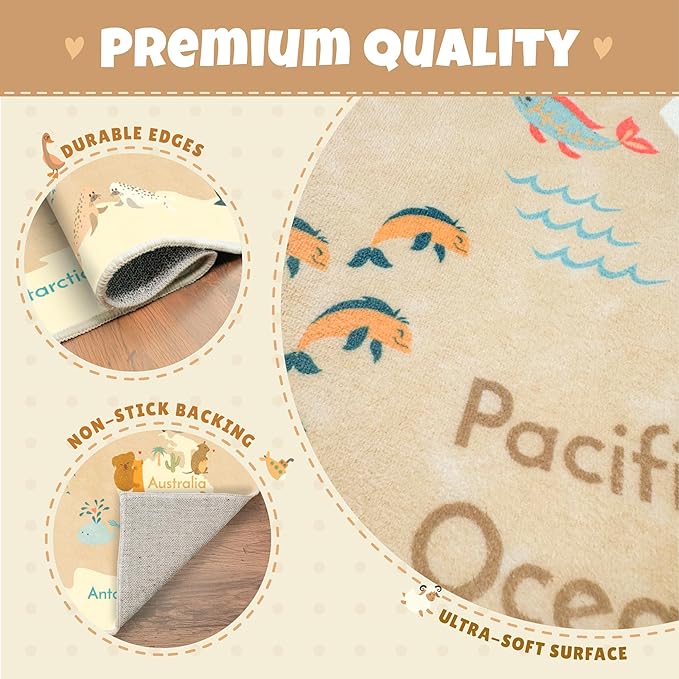 Hazo Haus Large Kids Rugs for Classroom - 6x9 Kids Room Rug with Animal & Educational World Map Area Rug - Washable, Non-Slip, Stain Resistant, Soft & Safe for Child, Playroom Essentials - Soft Beige