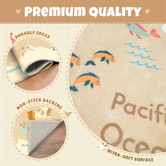 Kids Bedroom Rug with World Map & Animals – 4x6 Educational Washable Area Rug for Playroom, Cute Global Animal, Featuring Continents & Native Wildlife Carpet for Dorm or Classroom - Soft Beige
