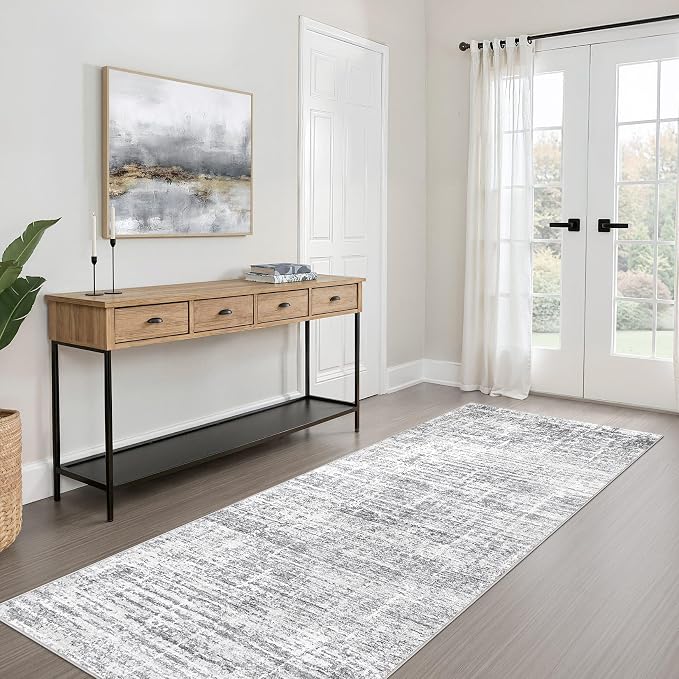 Runner Rug Non-Slip Kitchen Rug: 2x6 Washable Abstract Modern Soft Stain Resistant Indoor Floor Neutral Accent Throw Carpet for Hallway Bathroom Laundry Room Bedroom Entryway- Grey