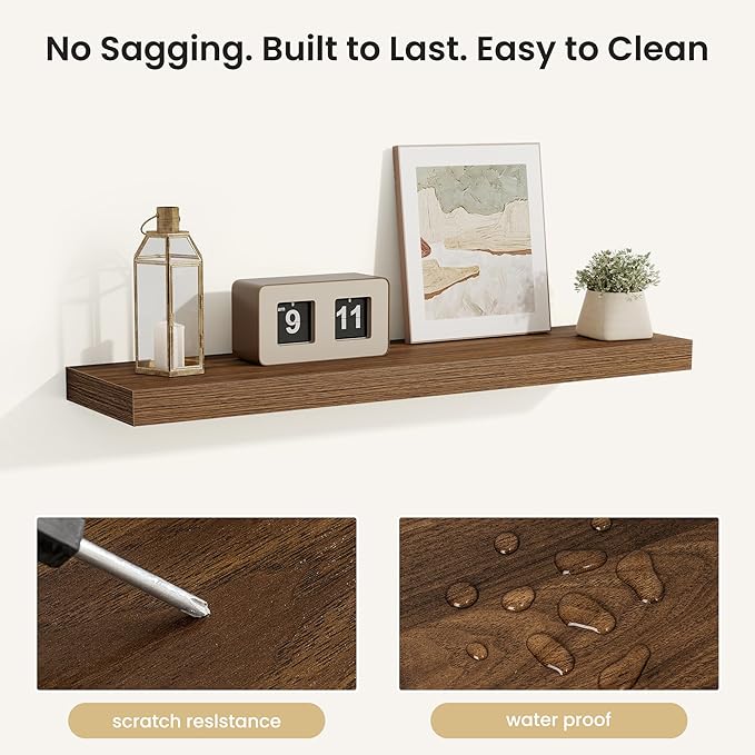 Fun Memories Floating Shelves for Wall, 32 Inch Set of 2 Rustic Wood Wall Shelves with Invisible Brackets, Heavy Duty Storage Display for Living Room Bedroom Kitchen, Walnut