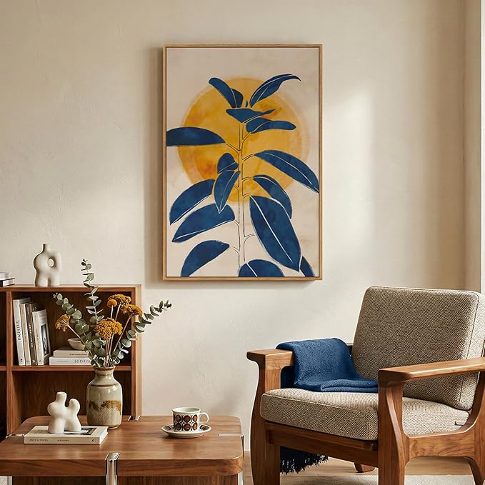 Framed Abstract Boho Blue Yellow Wall Art for Living Room, Mid Century Modern Sun and Leaf Canvas Artwork for Walls, Vertical Paintings Prints Pictures Wall Decor for Bedroom Kitchen Home, 24x36 Inch