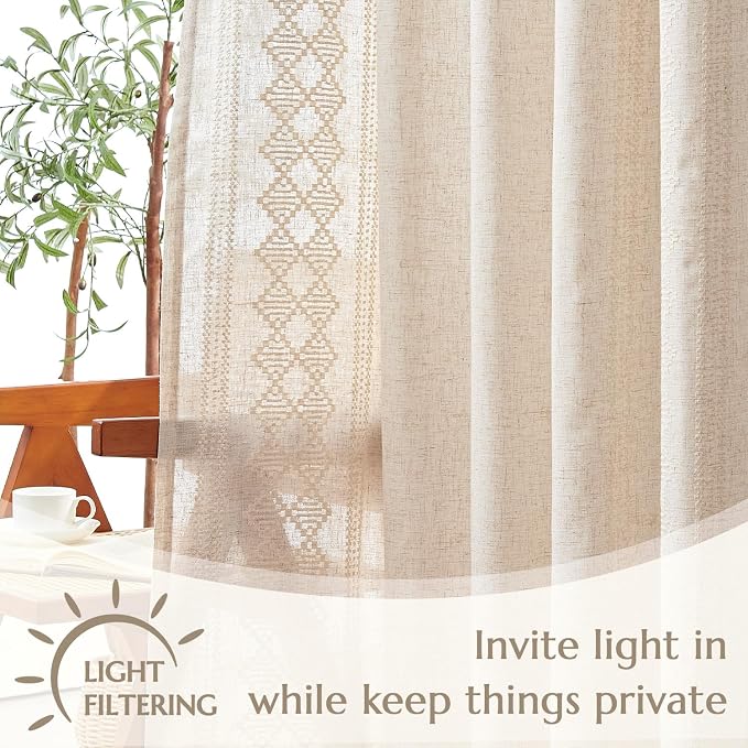 jinchan Boho Curtains Linen Blend Ivory Farmhouse Curtains 63 Inches Long for Living Room Square Embroidered Bordered Back Tab Living Room Window Light Filtering Bohemian Drapes 2 Panels