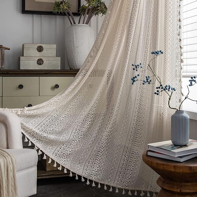 Sutuo Home Boho Sheer Curtain 108 Inches Long, Crochet Lace with Bohemian Hollow Knitted Handmade Tassels,Vintage Farmhouse Window Treatment for Bedroom, Rod Pocket, 1 Panel 59" W x 108" L, Beige