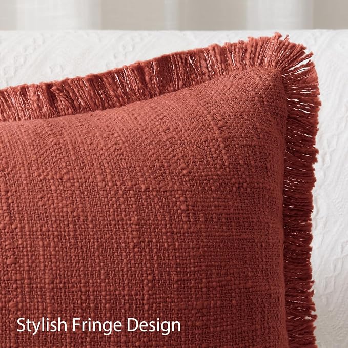 Kevin Textile 14x36 Inch Long Lumbar Pillow Cover 1 Pack Boho Fringe Decorative Rectangle Cushion Case with Tassels Neutral Cotton Woven Textured Farmhouse for Living Room Couch Sofa Bed, Burnt Brick