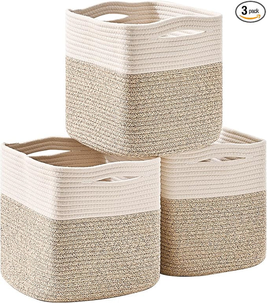 ICERZCZ 11 Inch Cube Storage Bins, Organizer Woven Cotton Rope Square Baskets for Organizing Shelves, Toys, Nursery, Off White & Brown (Pack of 3)