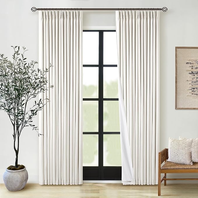 Natural Pinch Pleated Linen Blackout Curtains 84 Inch Length 2 Panels for Bedroom Living Room Darkening Thermal Insulated Cream Birch Boho Neutral Back Tab Pinch Pleat Lined Window Curtain 84 Inches