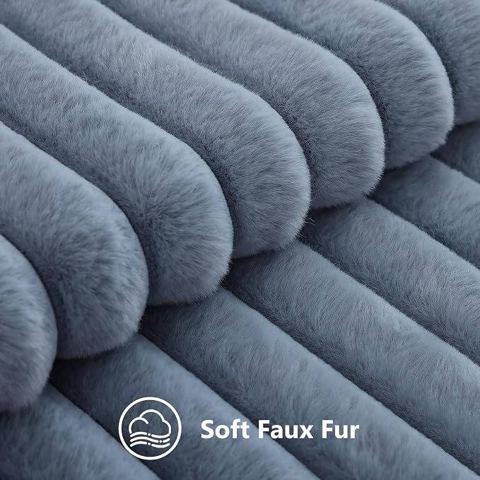 decorUhome Fall Cozy Faux Fur Throw Pillow Covers 22x22 Set of 2 Decorative Soft Plush Striped Modern Farmhouse Boho Couch Euro Sham Pillow Cases with Velvet Back for Sofa Bed Living Room, Grey Blue