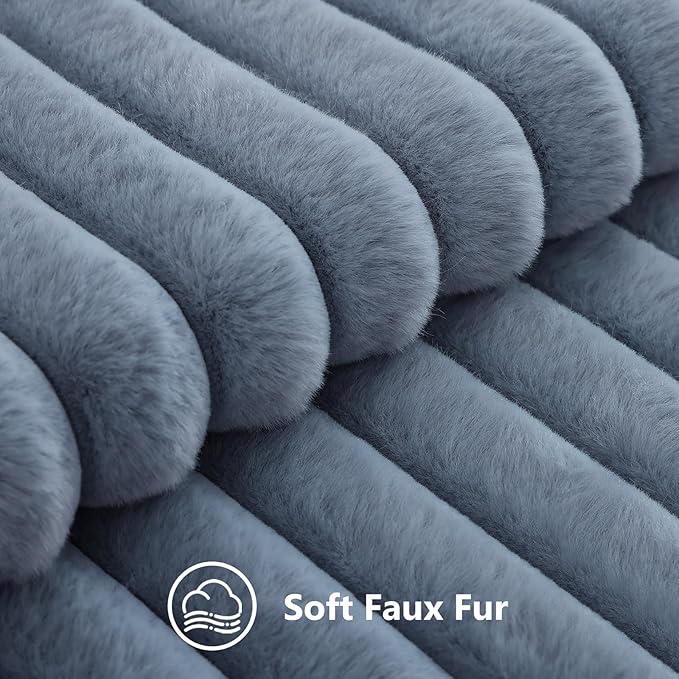 decorUhome Fall Cozy Faux Fur Throw Pillow Covers 12x20 Set of 2 Decorative Soft Plush Striped Lumbar Modern Farmhouse Boho Couch Pillow Cases with Velvet Back for Sofa Bed Living Room, Grey Blue
