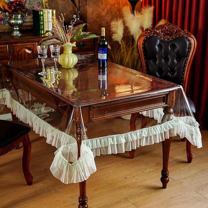 SUTAVIA Clear PVC Tablecloth Green Ruffle Edge Waterproof Transparent Rectangular Table Protector for Dining Table Home Kitchen Party Outdoor Picnic (Green Ruffle, Oblong, 52"x70")