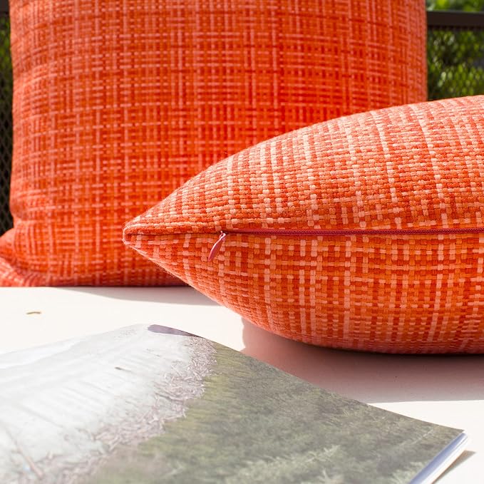 Kevin Textile Outdoor Waterproof Throw Pillow Covers 26x26 Inch Pack of 2 Woven Faux Linen Farmhouse Decorative Euro Shams Water Resistant Cushion Covers for Tent Patio Garden Couch Sofa Orange