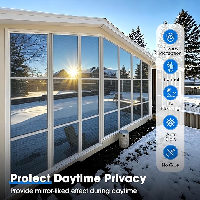 Coavas One Way Privacy Window Film Reflective Window Tint for Home,Static Cling Mirror Heat Blocking Covering See Out Not in,Anti-Uv House Daytime Privacy, Blue-Silver,35.4x118.1 in