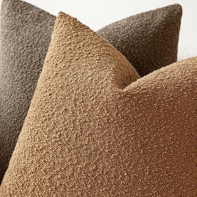 Foindtower Accent Solid Pillow Cases Textured Boucle Throw Pillow Covers Cozy Modern Decorative Couch Cushion Case for Chair Sofa Bed Living Room Home Decor, Pack of 2, 18 x 18 Inch,Tobacco