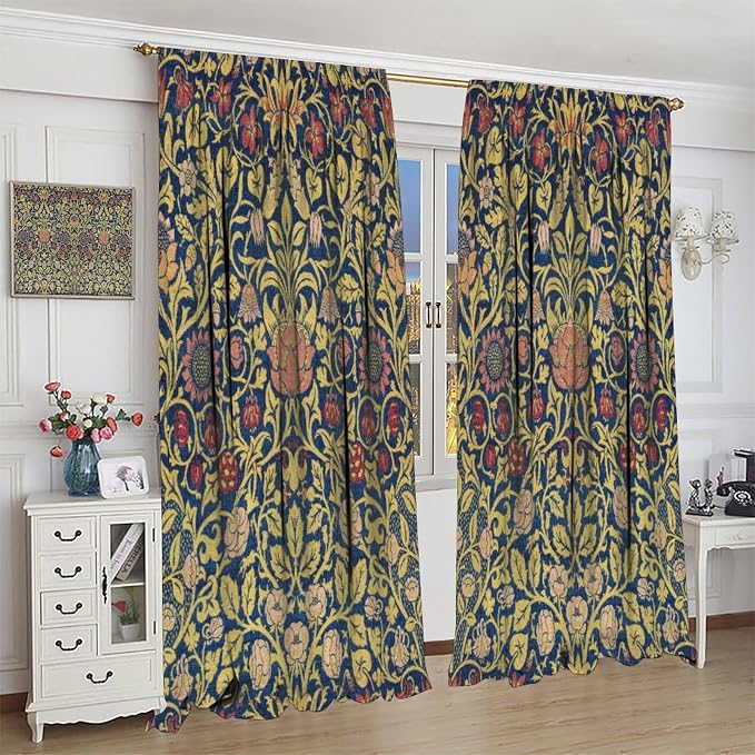 Retro Bohemian William Morris Plant Floral Blackout Window Curtains, Abstract Vintage Country Floral Leaf Pattern Print Window Drapes, for Bedroom Living Room 27.5(W)*63(L) 2 Panels